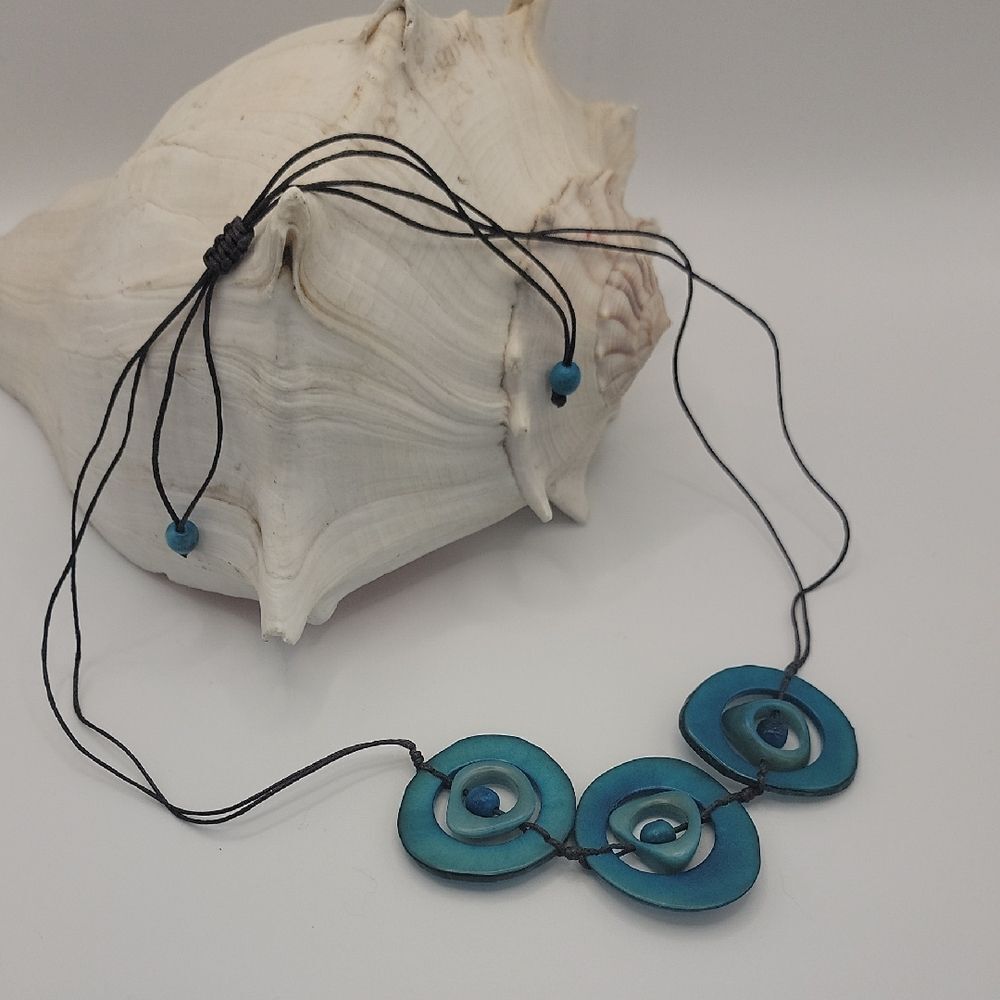 Artisan Necklace Tague Nut Teal Blue "Vegatable Ivory" Estate Jewelry